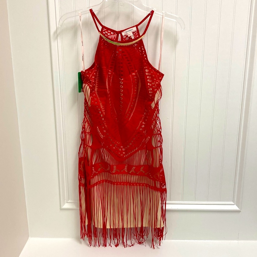 Fun red dress Sleeveless cute with beige under layer